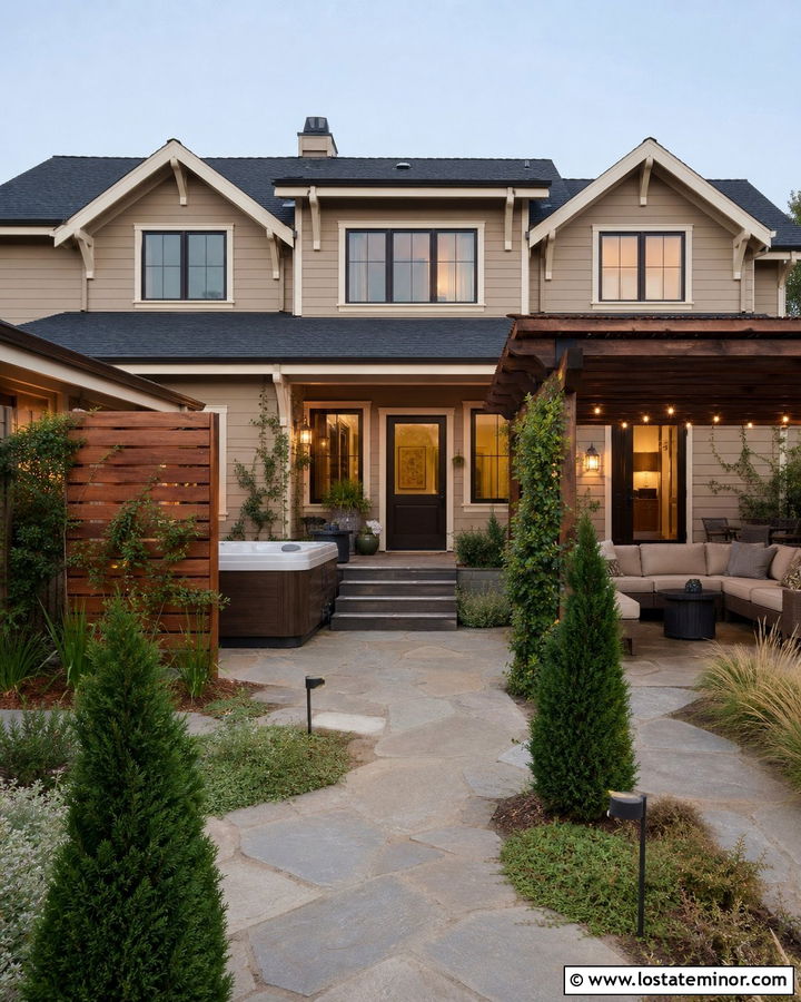 Tan House With Private Hot Tub Patio - 30 Tan House Design With Backyard Ideas