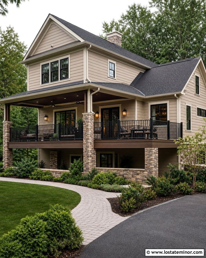 Tan House With Raised Deck And Stone Piers - 30 Tan House Design With Deck Ideas