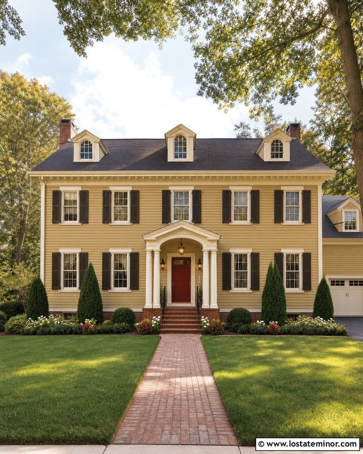 Tan House With Red Door And Bronze Lanterns - 30 Tan House Design With Lighting Ideas