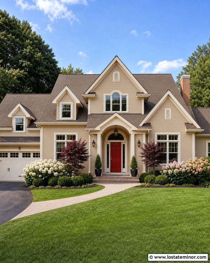 Tan House With Red Door And Flowering Shrubs - 30 Tan House Design With Landscaping Ideas