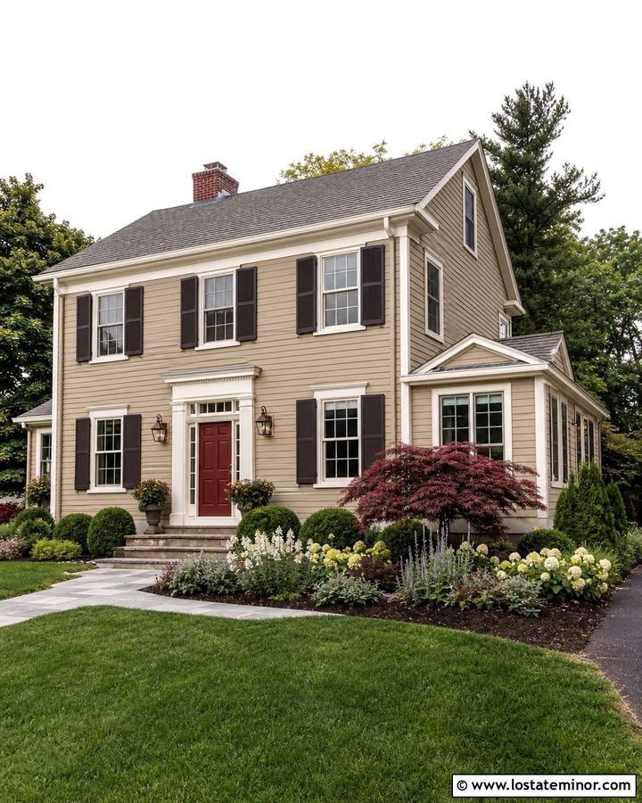 Tan House With Red Door And Small Maple Tree - 30 Tan House Design With Front Yard Ideas
