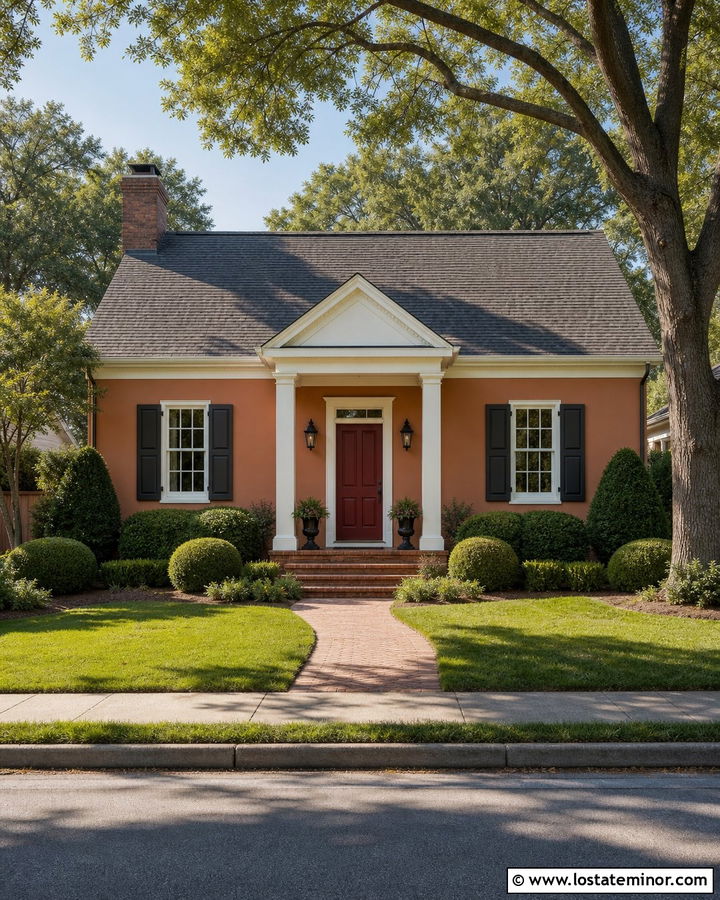 Tan House With Red Door Portico - 30 Tan House Design With Portico Ideas