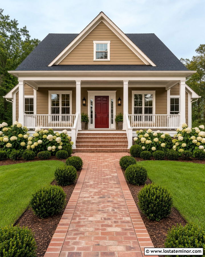 Tan House With Red Front Door And Brick Steps - 30 Tan House Design With Steps Ideas