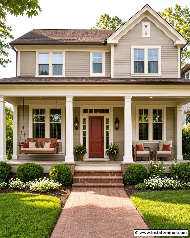 Tan House With Red Front Door And Swing - 30 Tan House Design With Swing Ideas