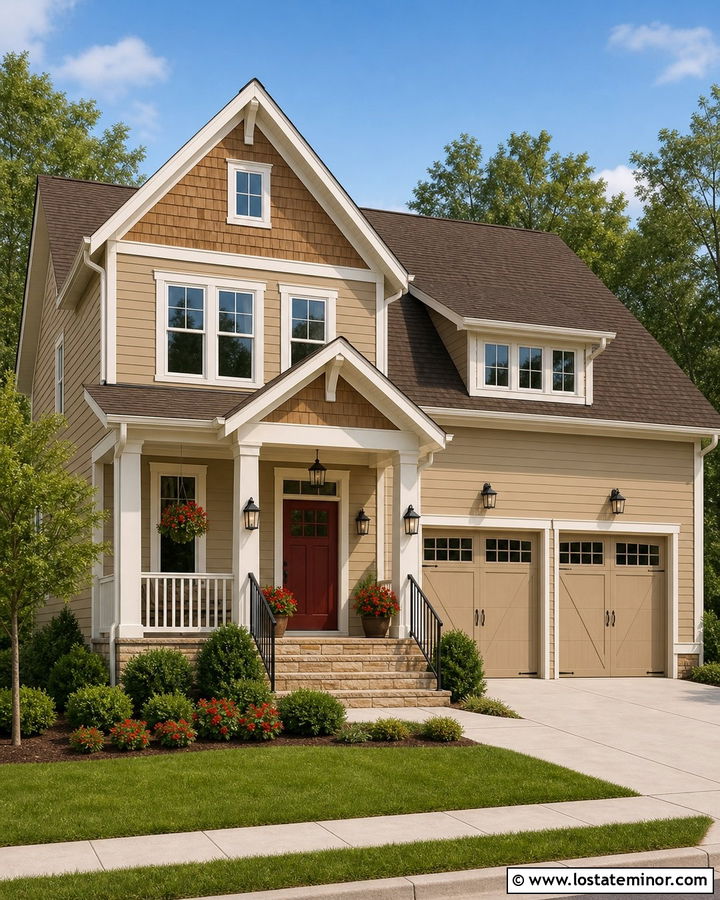 Tan House With Red Front Gable Door - 30 Tan House Design With Gables Ideas