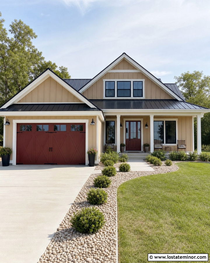 Tan House With Red Garage Door - 30 Tan House Design With Garage Door Ideas