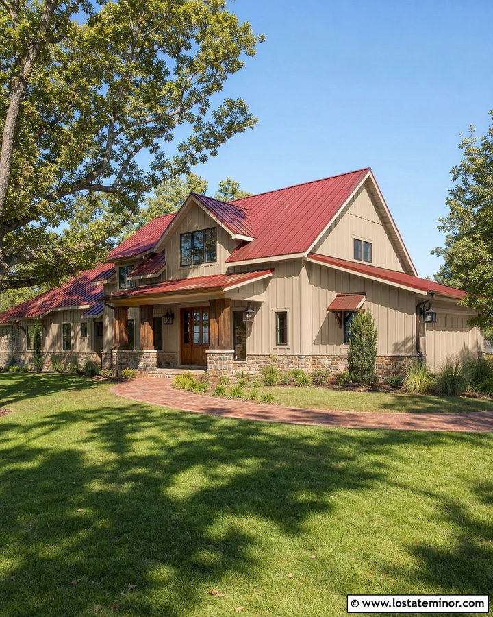 Tan House With Red Metal Roof - 30 Tan House Design With Roof Ideas