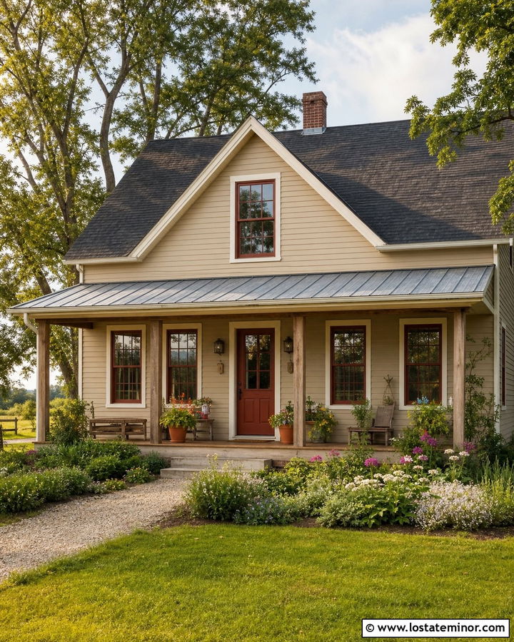 Tan House With Red Window Frames - 30 Tan House Design With Window Frames Ideas
