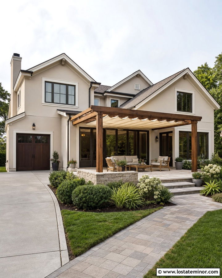 Tan House With Retractable Canopy Pergola - 30 Tan House Design With Pergola Ideas