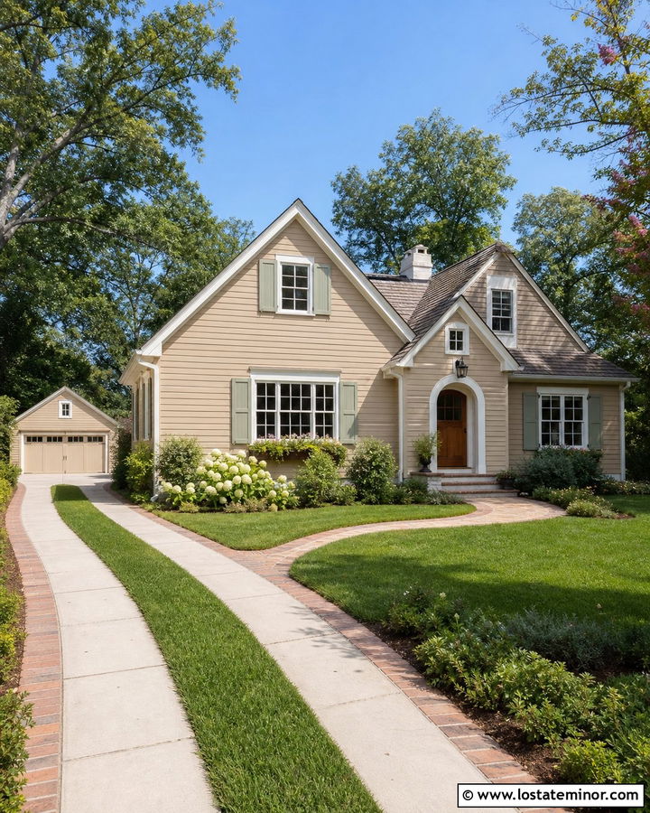 Tan House With Ribbon Driveway - 30 Tan House Design With Driveway Ideas