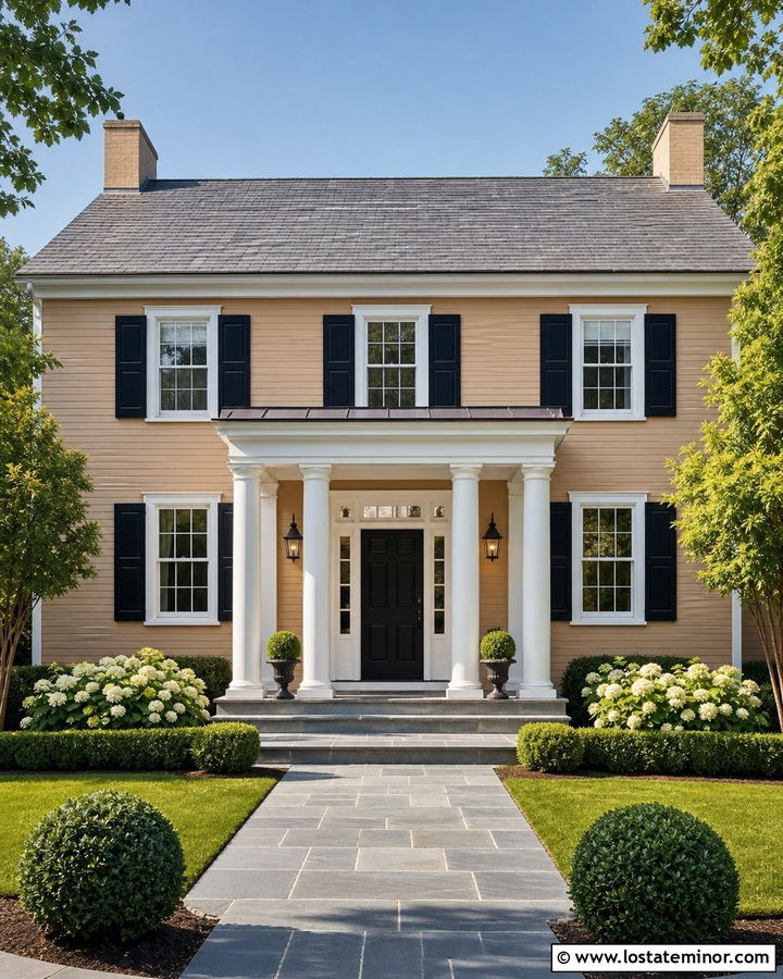 Tan House With Round Column Portico - 30 Tan House Design With Portico Ideas