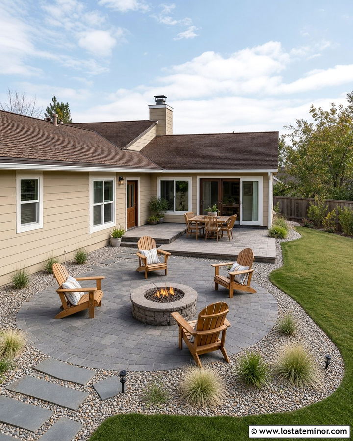 Tan House With Round Fire Pit Patio - 30 Tan House Design With Backyard Ideas