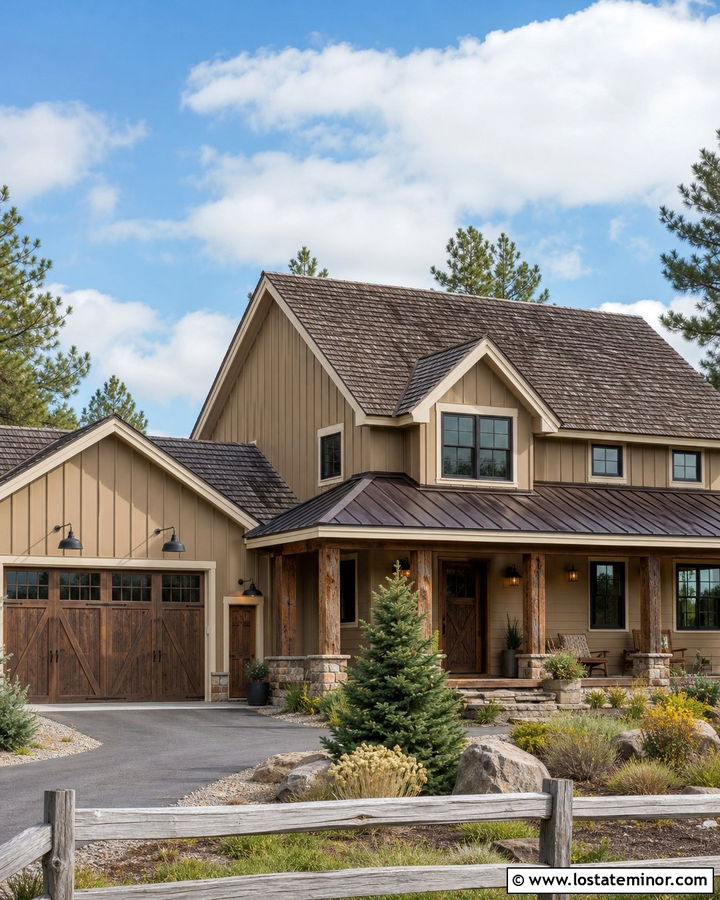 Tan House With Rustic Barn Lights - 30 Tan House Design With Light Fixtures Ideas