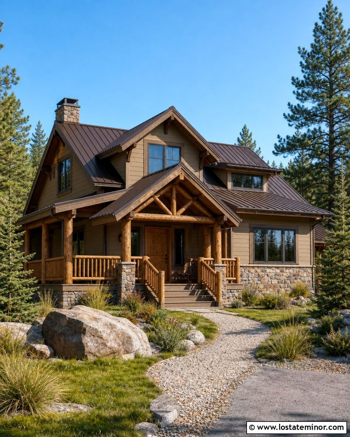 Tan House With Rustic Log Railings - 30 Tan House Design With Railings Ideas