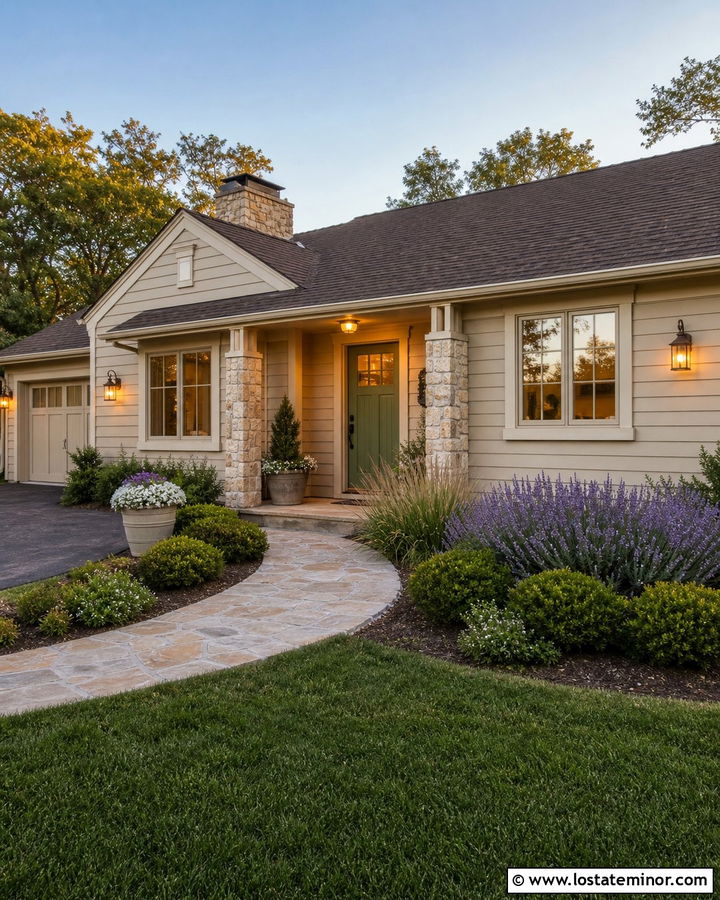 Tan House With Sage Door And Brass Lights - 30 Tan House Design With Lighting Ideas