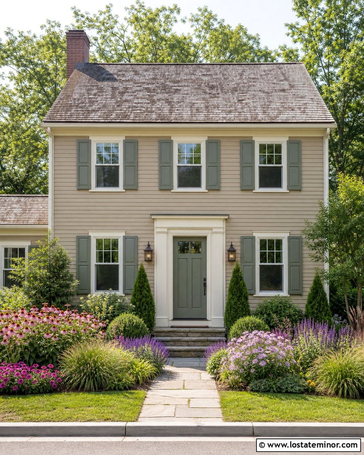 Tan House With Sage Green Accents And Pollinator Garden - 30 Tan House Design With Front Yard Ideas