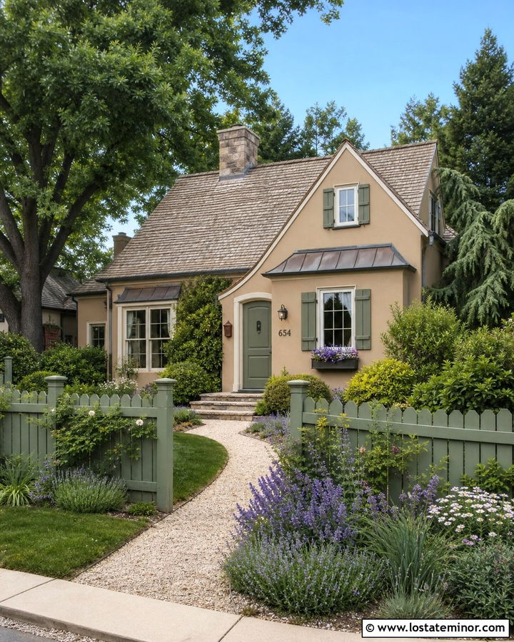 Tan House With Sage Green Fence - 30 Tan House Design With Fence Ideas