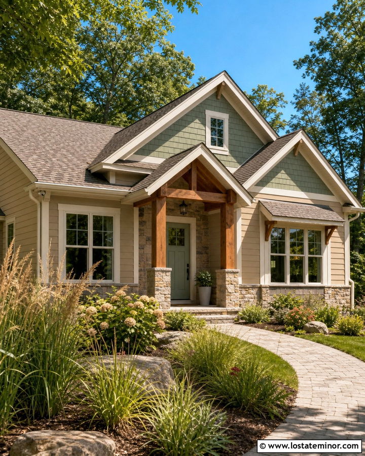 Tan House With Sage Green Gables - 30 Tan House Design With Gables Ideas