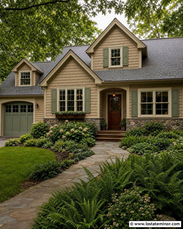 Tan House With Sage Green Garage Door - 30 Tan House Design With Garage Door Ideas