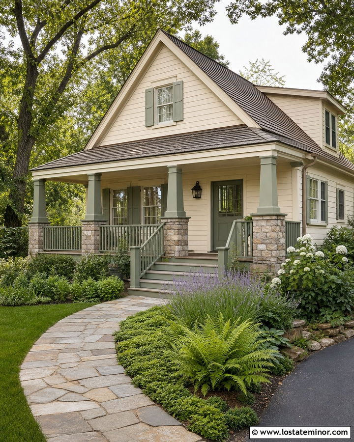 Tan House With Sage Green Railings - 30 Tan House Design With Railings Ideas
