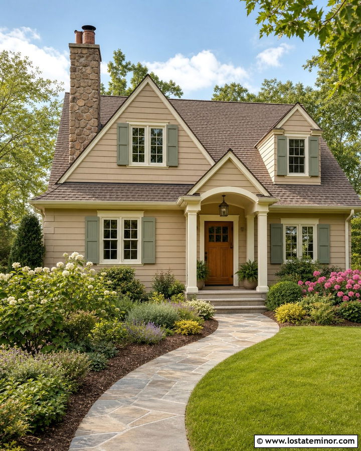 Tan House With Sage Green Shutters - 30 Tan House Design With Accents Ideas