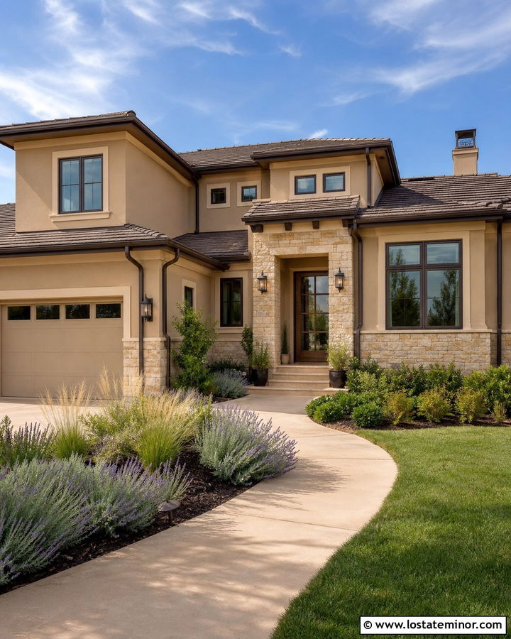 Tan House With Sandstone Wainscoting And Bronze Windows - 30 Tan House Design With Wainscoting Ideas
