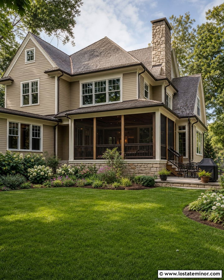 Tan House With Screened Backyard Porch - 30 Tan House Design With Backyard Ideas