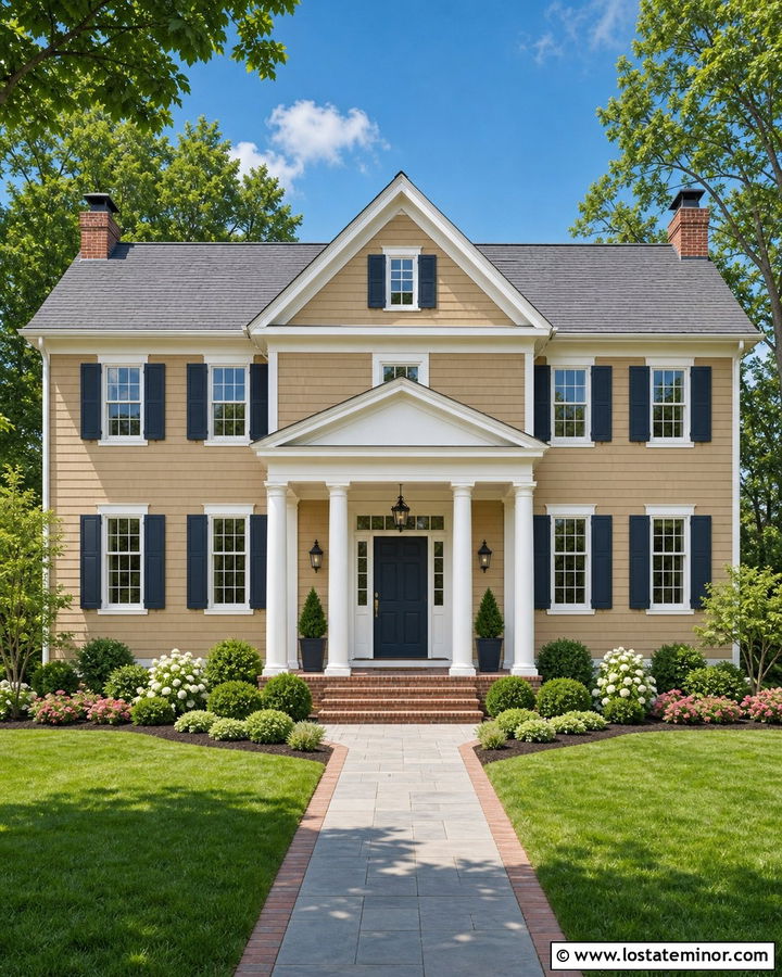 Tan House With Shutters And Portico - 30 Tan House Design With Portico Ideas