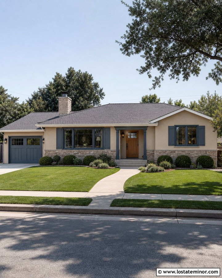 Tan House With Slate Blue Window Frames - 30 Tan House Design With Window Frames Ideas
