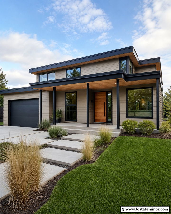 Tan House With Slim Metal Porch Columns - 30 Tan House Design With Porch Columns Ideas