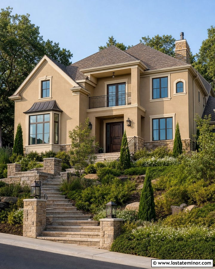 Tan House With Sloped Yard Landscaping - 30 Tan House Design With Landscaping Ideas