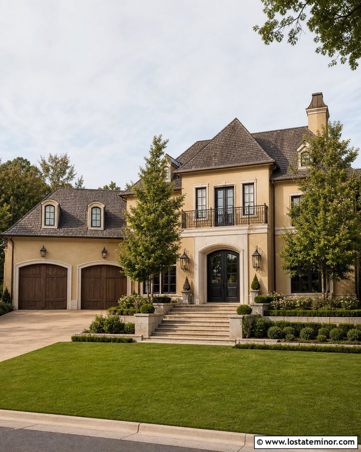 Tan House With Soft Black Double Front Doors - 30 Tan House Design With Front Door Ideas
