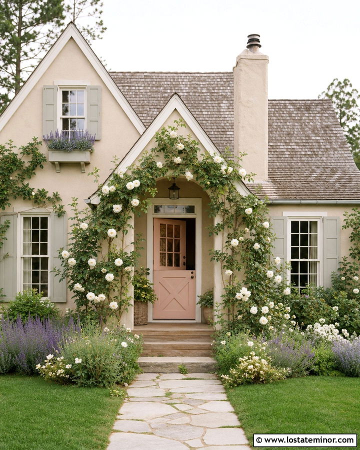 Tan House With Soft Pink Entry Door - 30 Tan House Design With Entry Door Ideas