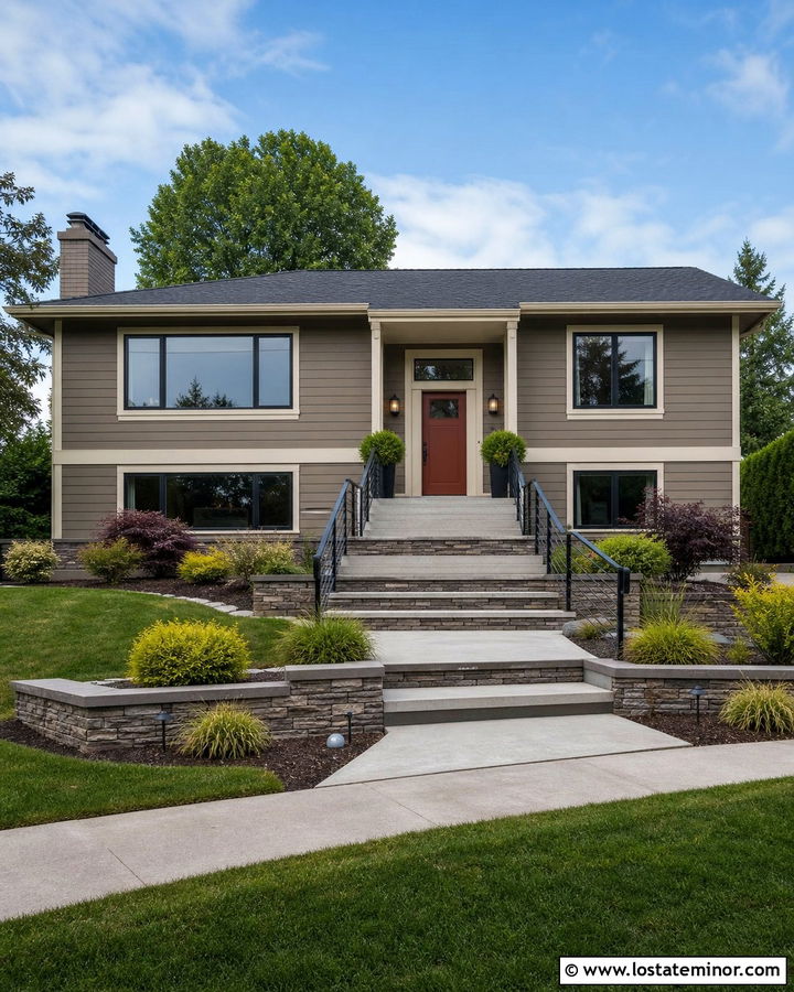 Tan House With Split Level Entry Steps - 30 Tan House Design With Steps Ideas