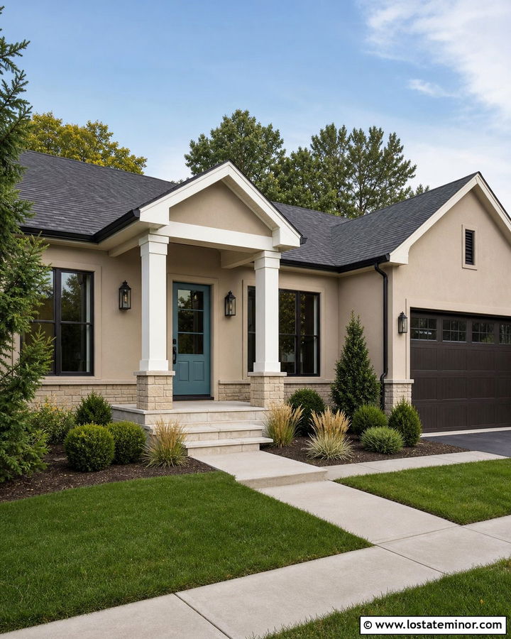 Tan House With Square Column Portico - 30 Tan House Design With Portico Ideas