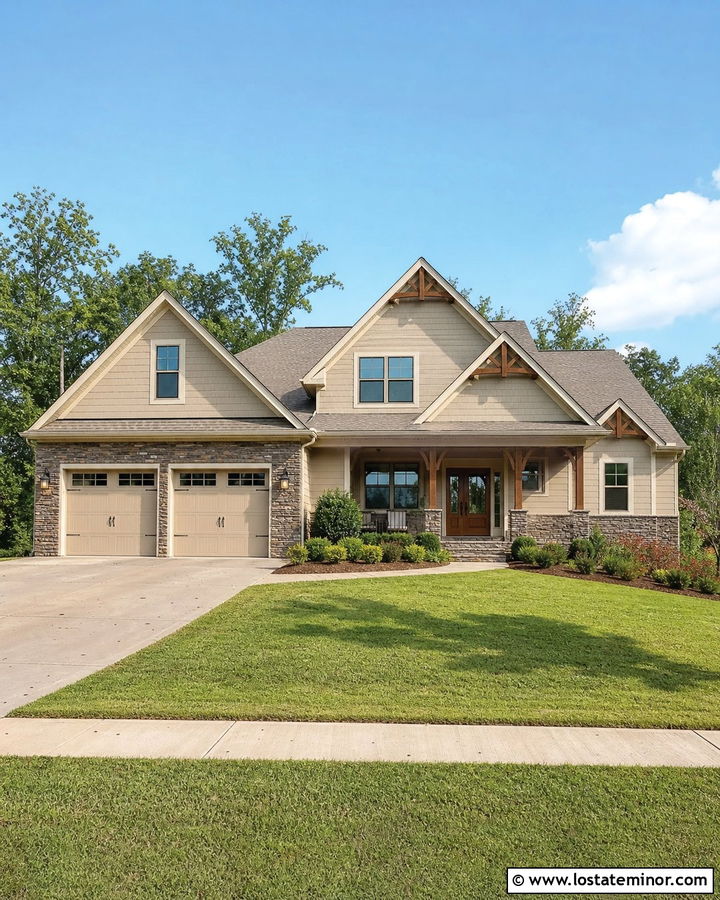 Tan House With Stacked Stone Garage - 30 Tan House Design With Stone Accents Ideas