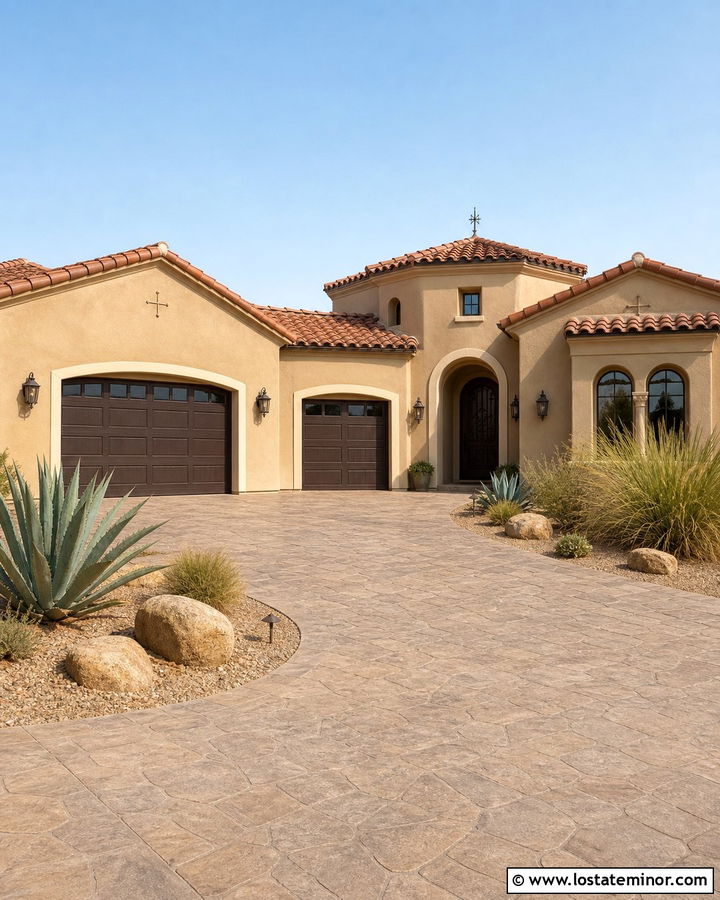 Tan House With Stamped Concrete Driveway - 30 Tan House Design With Driveway Ideas