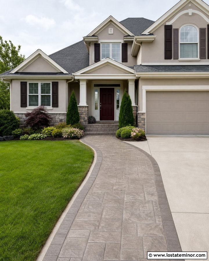 Tan House With Stamped Concrete Walkway - 30 Tan House Design With Walkway Ideas