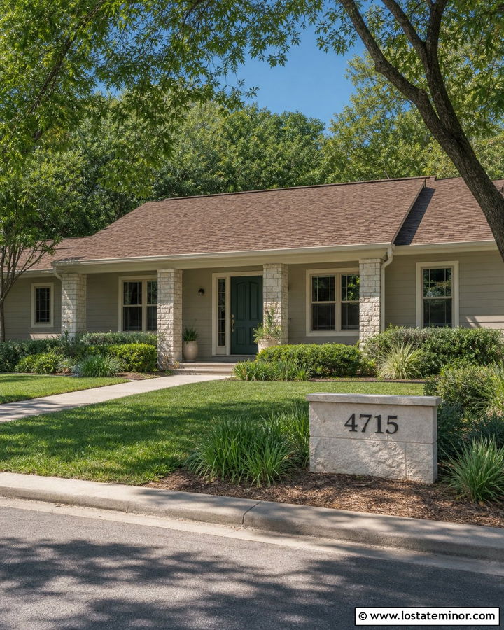 Tan House With Stone Address Marker - 30 Tan House Design With House Numbers Ideas