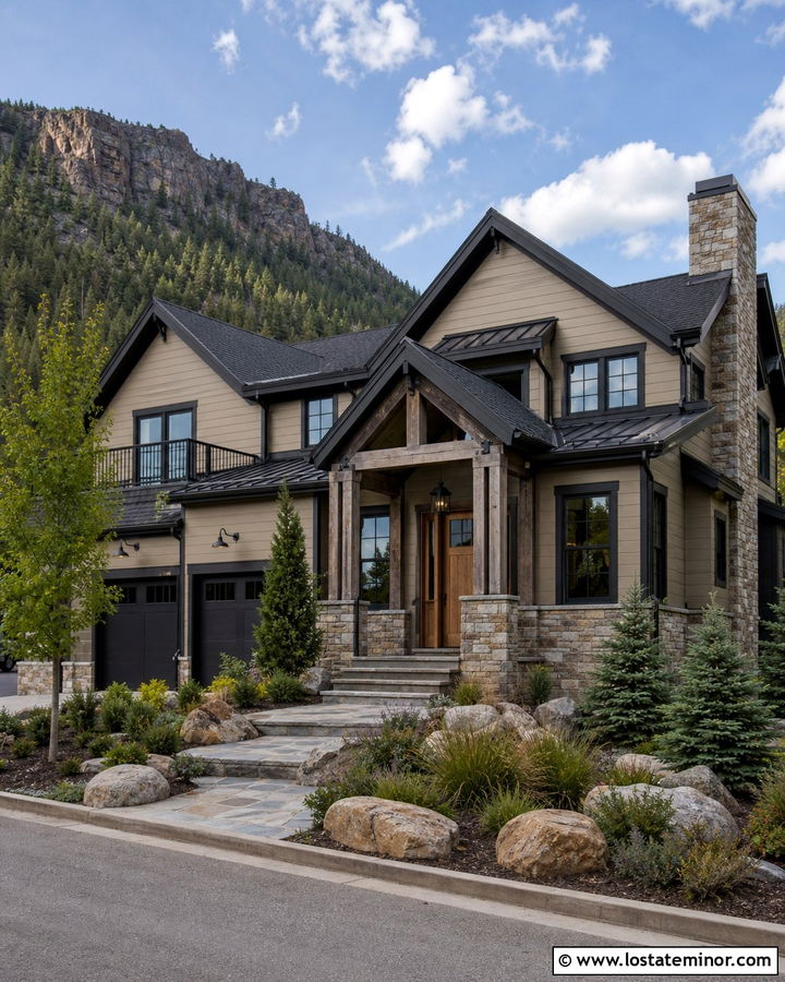 Tan House With Stone And Black Windows - 30 Tan House Design With Window Frames Ideas