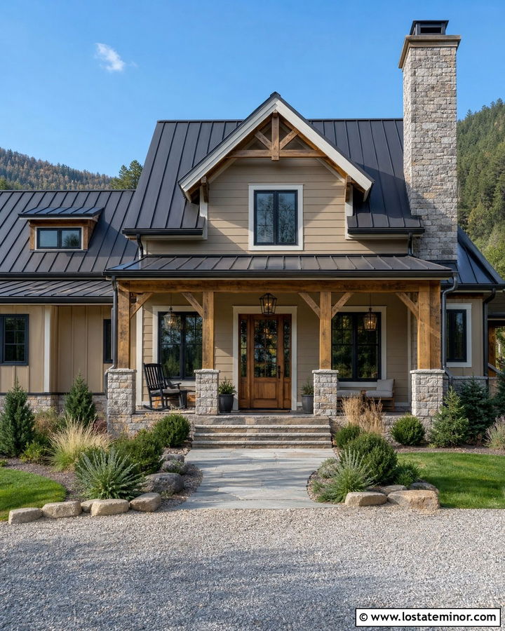 Tan House With Stone And Metal Roof - 30 Tan House Design With Stone Accents Ideas