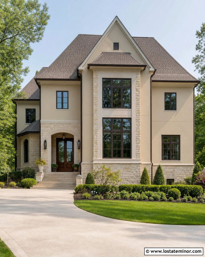 Tan House With Stone Around Windows - 30 Tan House Design With Stone Accents Ideas