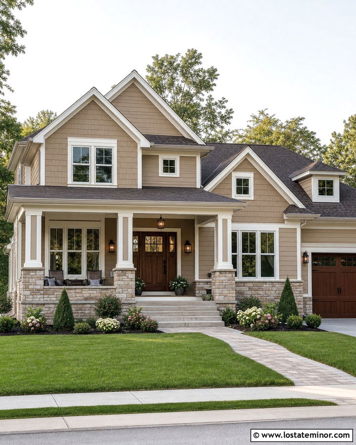 Tan House With Stone Base Porch Columns - 30 Tan House Design With Porch Columns Ideas
