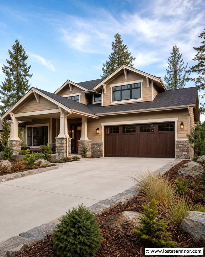Tan House With Stone Border Driveway - 30 Tan House Design With Driveway Ideas