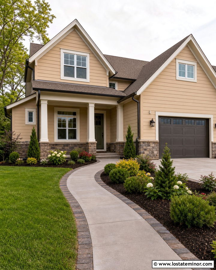 Tan House With Stone Border Walkway - 30 Tan House Design With Walkway Ideas