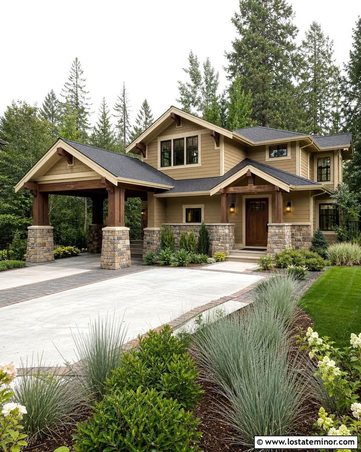 Tan House With Stone Carport Columns - 30 Tan House Design With Carport Ideas