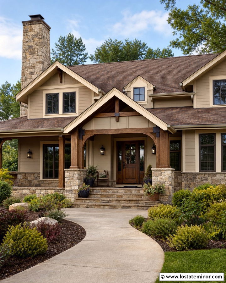 Tan House With Stone Chimney And Wood Door - 30 Tan House Design With Stone Accents Ideas