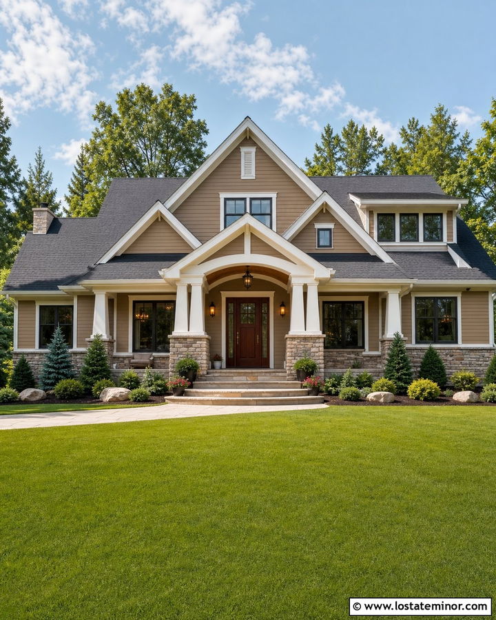Tan House With Stone Column Portico - 30 Tan House Design With Portico Ideas