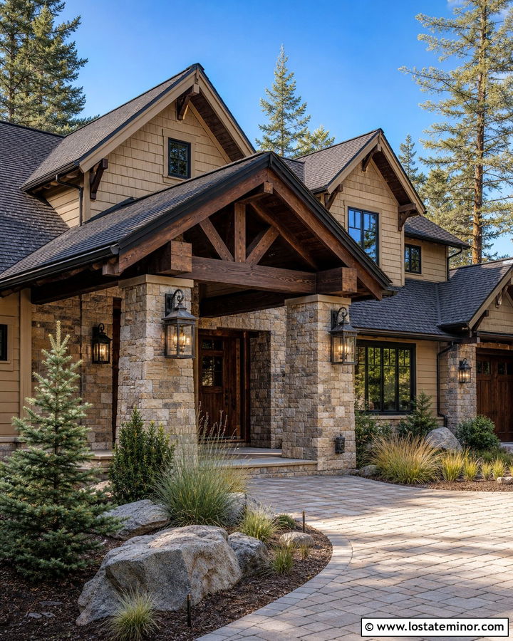 Tan House With Stone Columns And Bronze Lights - 30 Tan House Design With Light Fixtures Ideas