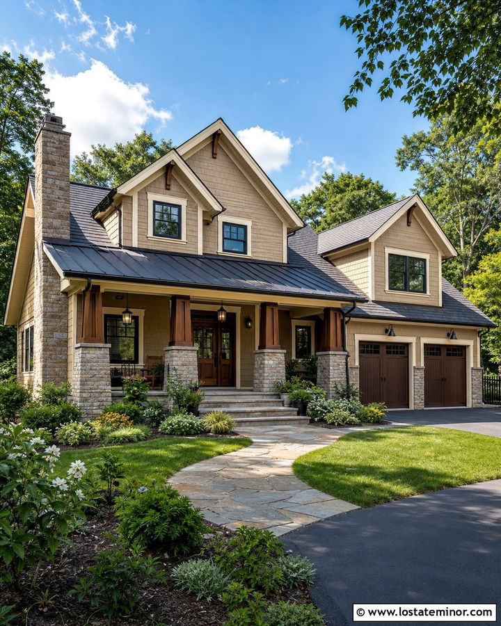 Tan House With Stone Columns And Metal Roof - 30 Tan House Design With Porch Columns Ideas